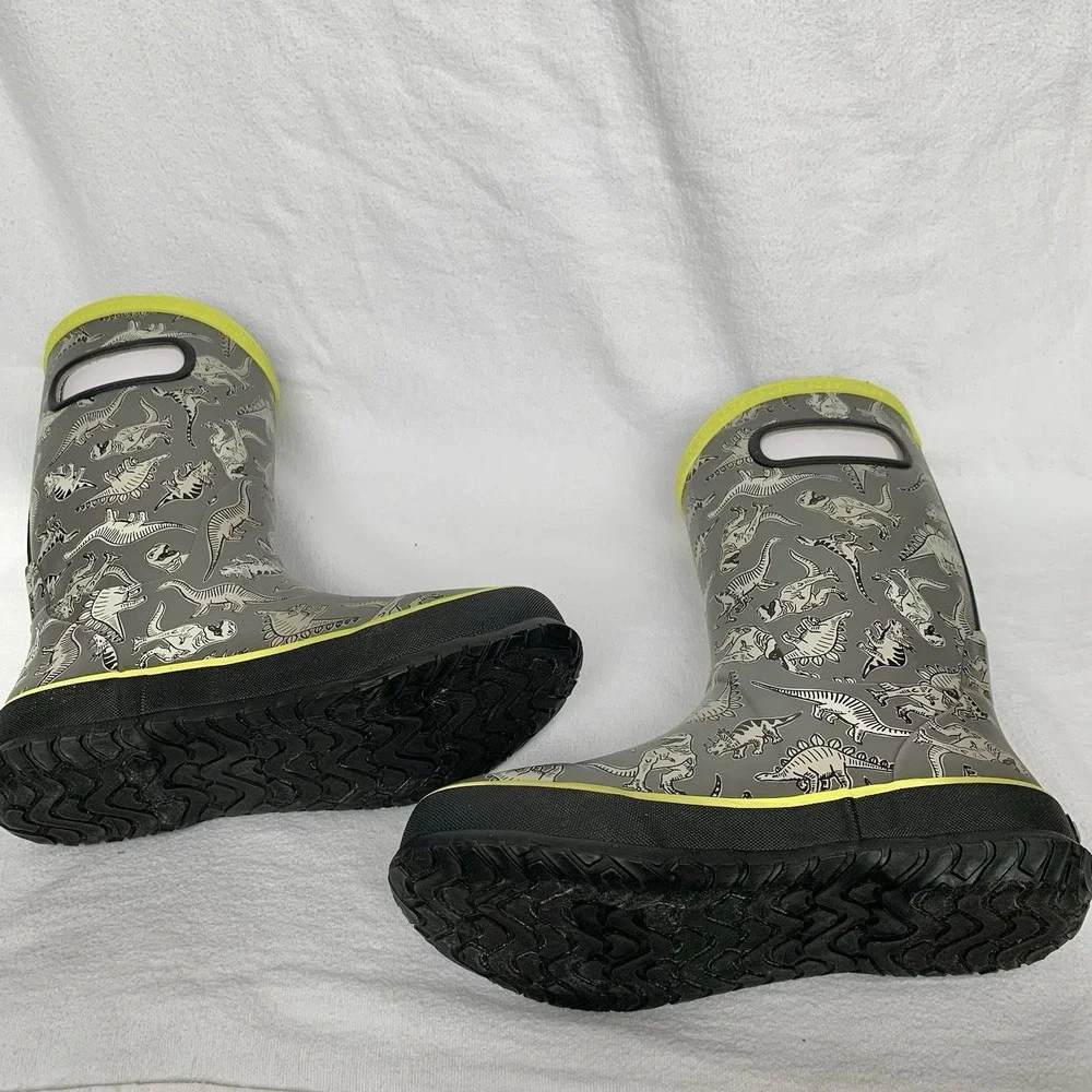 NEW Bogs Kids Rain Boots Super Dino Gray Waterproof Pull On Handles Youth Sz 4